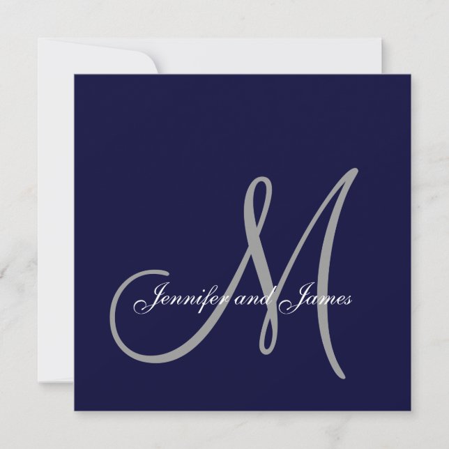Elegant Affair Navy Blue Grey Monogram Wedding Invitation (Front)
