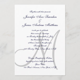 Elegant Affair Navy Blue Grey Monogrammed Wedding Invitation