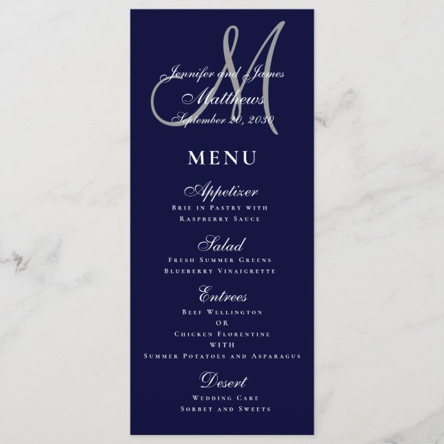 Elegant Affair Navy Blue Script Monogram Wedding Menu (Front)