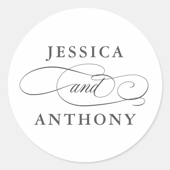 Elegant Affair with Couple's Names Classic Round Sticker (Front)