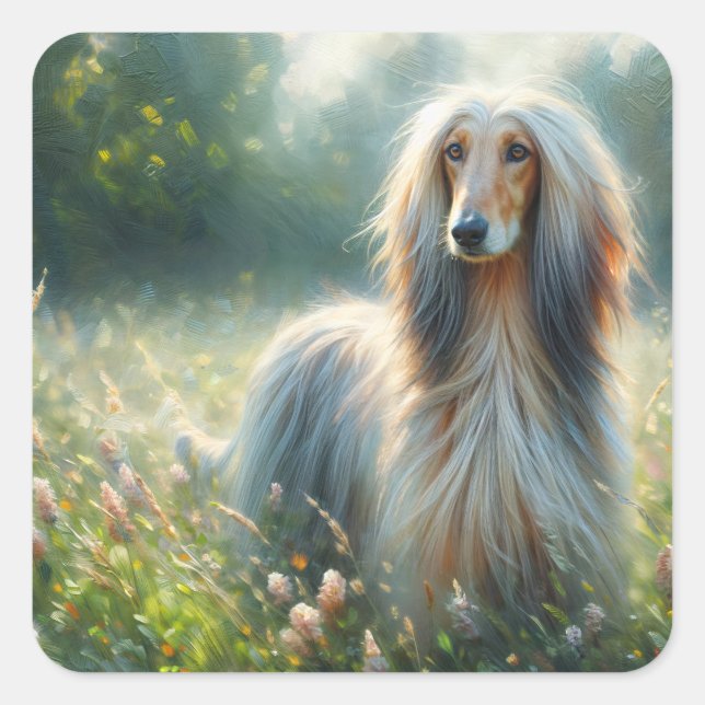 Elegant Afghan Hound – Floral Meadow Painting Square Sticker (Front)