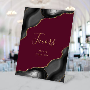 Elegant Agate Black Gold Burgundy Wedding Favors Pedestal Sign