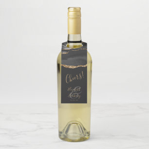 Elegant Agate Black Gold Dark Wedding Cheers Bottle Tag
