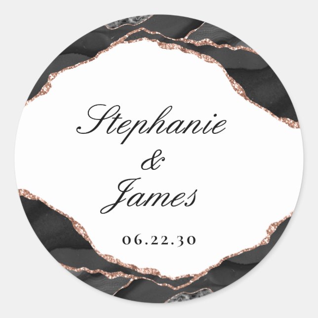 Elegant Agate Black White Rose Gold Foil Wedding Classic Round Sticker (Front)