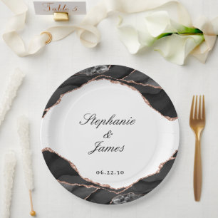 Elegant Agate Black White Rose Gold Foil Wedding Paper Plate