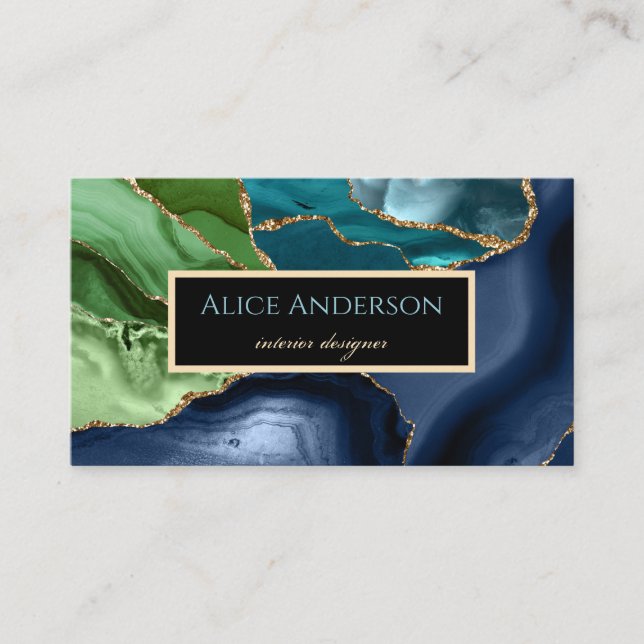 Elegant Agate Deep Blue Green Designer Business Card (Front)