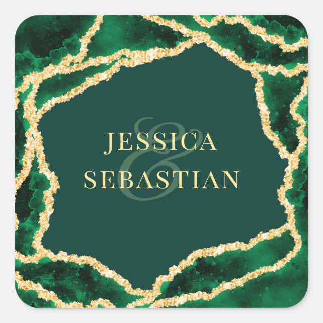 Elegant Agate Geode Emerald Green & Gold Wedding Square Sticker (Front)