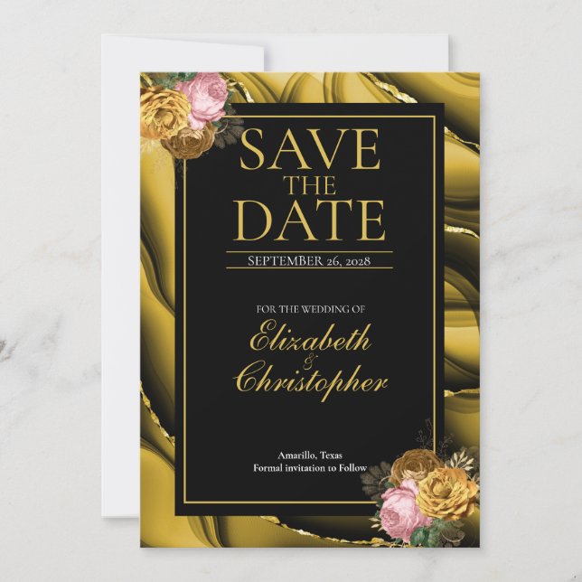 Elegant Agate Gold Black Floral Wedding Save The Date (Front)