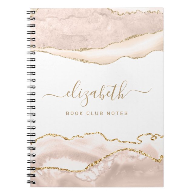 Elegant Agate Marble Personalized Coral Gold Notebook (Front)