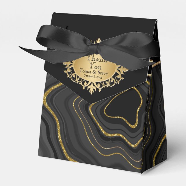 Elegant Agate Marble with  Black and Gold Favor Box (Front Side)
