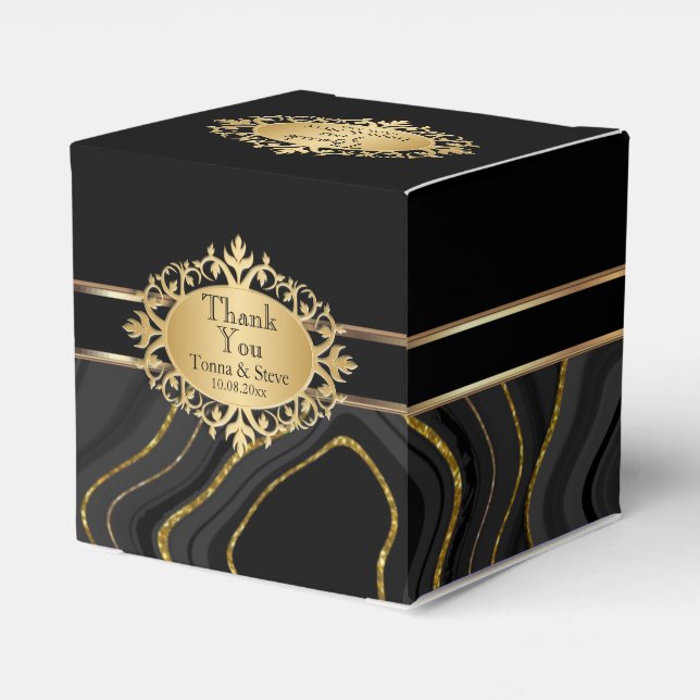 Elegant Agate Marble with  Black and Gold Favour B Favor Box (Back Side)