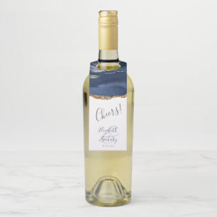 Elegant Agate Navy Blue Gold Wedding Cheers Bottle Tag