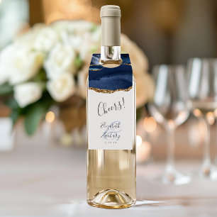 Elegant Agate Navy Blue Gold Wedding Cheers Bottle Tag