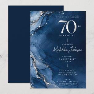 Elegant Agate Navy Blue Silver 70th Birthday Invitation