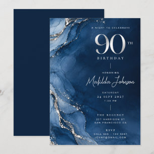 Elegant Agate Navy Blue Silver 90th Birthday Invitation