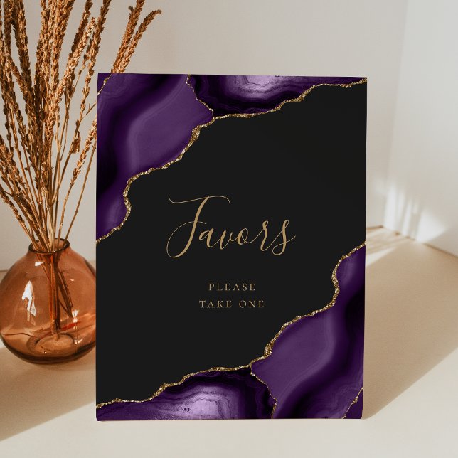 Elegant Agate Purple Gold Dark Wedding Favours Pedestal Sign (Creator Uploaded)