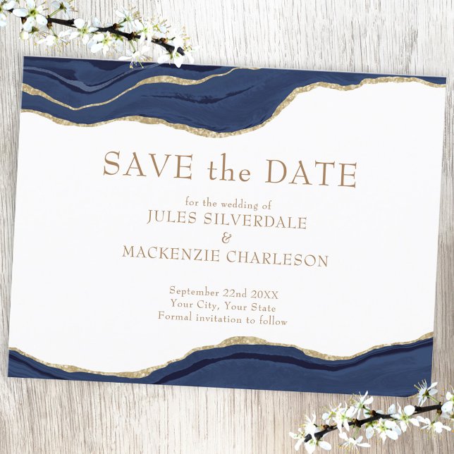 Elegant Agate Save the Date Navy Blue Gold Glitter Postcard (Agate gold Save the Date wedding postcard)