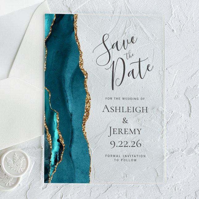 Elegant Agate Teal Blue Gold Save the Date Acrylic Invitations (Creator Uploaded)