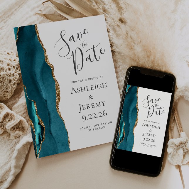 Elegant Agate Teal Blue Gold Save the Date Invitation (Creator Uploaded)