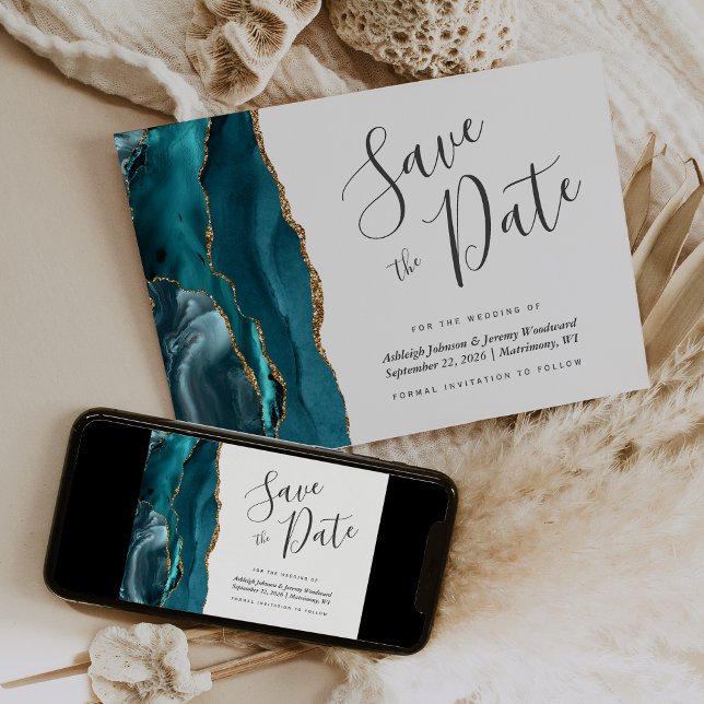Elegant Agate Teal Blue Gold Save the Date Invitation (Creator Uploaded)