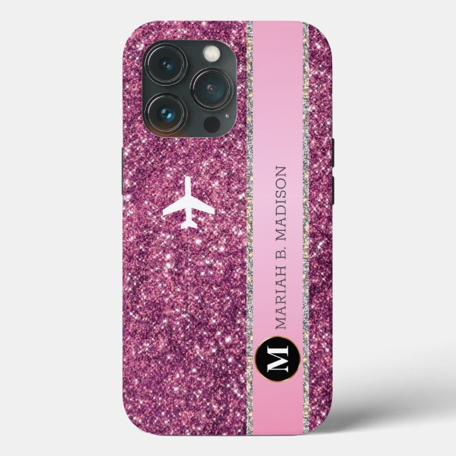 Elegant Airplane Pink Silver Glitter monogram Case-Mate iPhone Case (Back)
