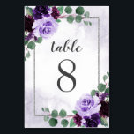 Elegant Airy Boho Floral Purple and Silver Wedding Table Number<br><div class="desc">Features eucalyptus sprigs and other botanical leaves over a printed silver border that's also decorated with elegant peonies,  roses and other floral elements in various light and dark shades of purple. The background is a dusty purple watercolor wash.</div>