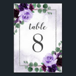 Elegant Airy Boho Floral Purple and Silver Wedding Table Number<br><div class="desc">Features eucalyptus sprigs and other botanical leaves over a printed silver border that's also decorated with elegant peonies,  roses and other floral elements in various light and dark shades of purple. The background is a dusty purple watercolor wash.</div>