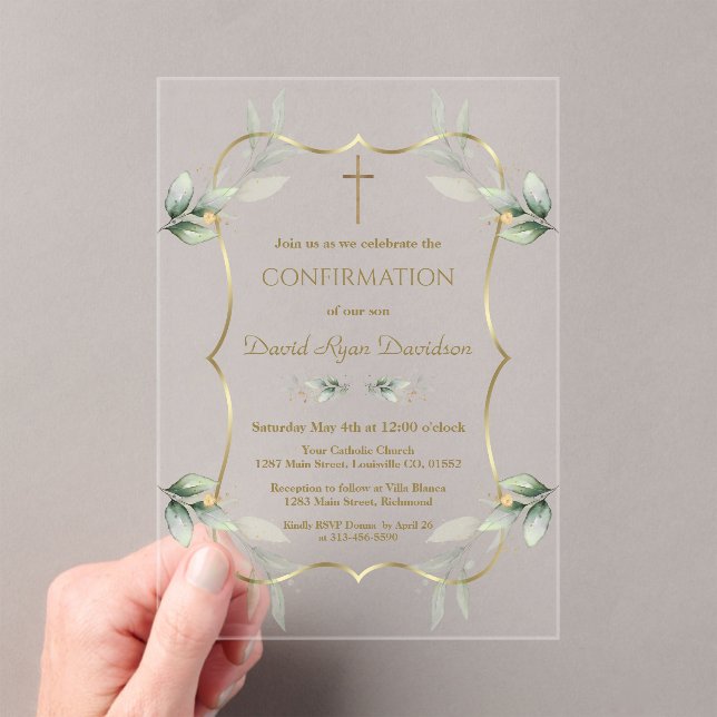 Elegant Airy Greenery Gold Cross Confirmation  Acrylic Invitations (Insitu (Handheld))