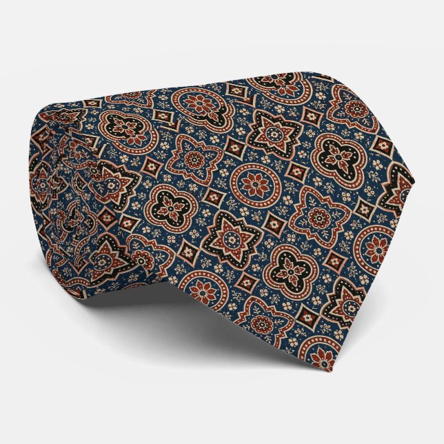 Elegant Ajrak Blue Rust Boho Paisley Style Tie (Rolled)