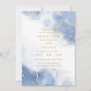 Elegant Alcohol Ink Gold Blue Minimal Modern White Invitation