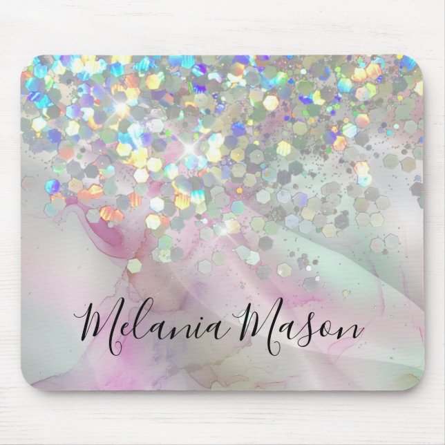 Elegant Alcohol Ink Holographic Sparkly Glitter Mouse Pad (Front)