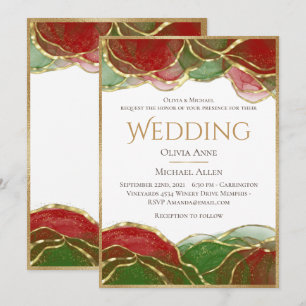 Elegant Alcohol Ink Red Green Holiday Wedding Invitation