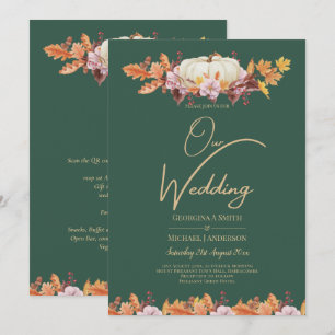 ELEGANT All-in-1 Fall Pumpkin Green Gold Wedding Invitation