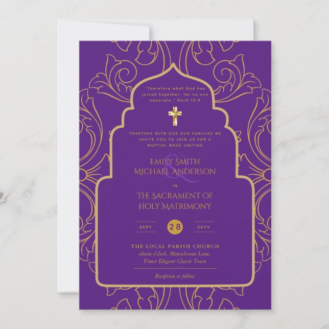 Elegant All-in-1 Purple Gold Catholic Wedding Invitation (Front)
