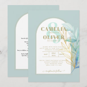 ELEGANT All-in-1 Sea Glass Gold Leaf Sage Wedding Invitation