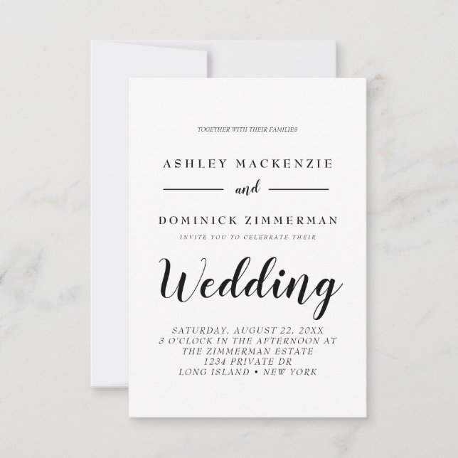 Elegant All In One Black Script Wedding   Invitation (Front)