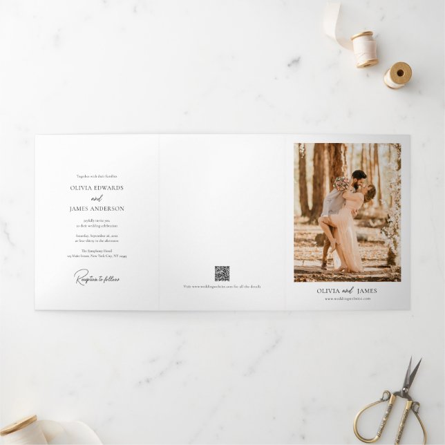 Elegant All In One Details RSVP QR Code Wedding Tri-Fold Invitation (Outside)