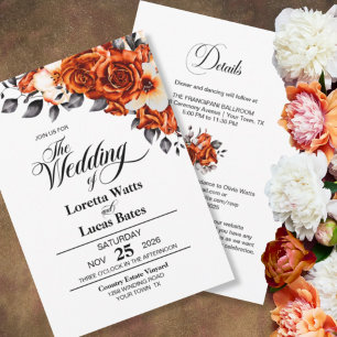 Elegant All In One Orange Rose Floral Wedding Invitation