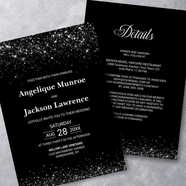 Elegant All In One Silver Glitter Black Wedding Invitation (Creator Uploaded)
