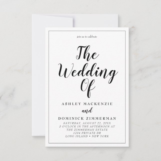 Elegant All In One Wedding Black Script Bordered Invitation (Front)