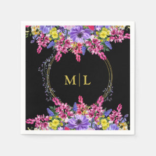 Elegant All Occasion Monogram Black Multi Floral  Napkin