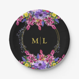 Elegant All Occasion Monogram Black Multi Floral Paper Plate
