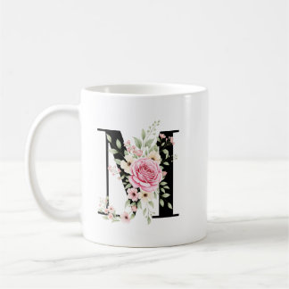 Elegant Alphabet Coffee Cup with Pink Rose Design