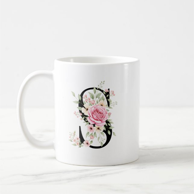 Elegant Alphabet Coffee Cup with Pink Rose Design (Left)
