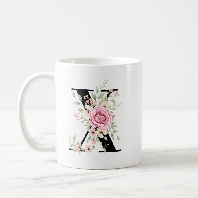 Elegant Alphabet Coffee Cup with Pink Rose Design (Left)