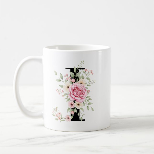 Elegant Alphabet Coffee Cup with Pink Rose Design (Left)