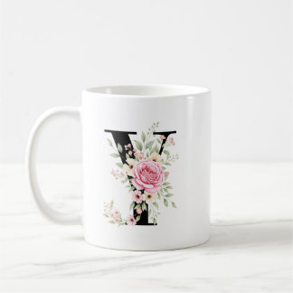 Elegant Alphabet Coffee Cup with Pink Rose Design