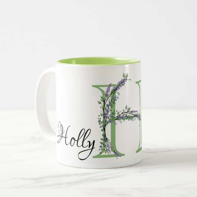 Elegant Alphabet letter H Lavender Eucalyptus Two-Tone Coffee Mug (Front Left)