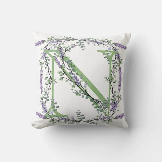 Elegant alphabet letter N Lavender Eucalyptus Throw Pillow (Front)