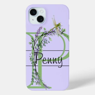 Elegant alphabet letter P Lavender boho Dragonfly iPhone 15 Mini Case
